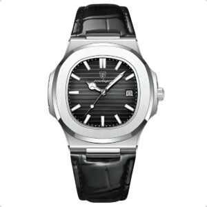 Relógio Classic Vintage Suíço Masculino Em Couro Esportivo Correia Preto Bisel Prateado Fundo Preto