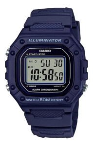 Relógio Casio Digital Youth W-218h, cores variadas: Becris, pulseira azul, moldura azul, fundo cinza/preto