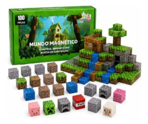 Blocos de Montar Magnético 100 Peças Criativo Mundo De Cubo Construção 3d Infantil Educativo Com Personagens Brinquedo Nanotoyzzz
