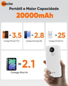 Power Bank Basike com Cabo Embutido de 20000mAh e Carregamento Rápido 22,5W para iPhone e Samsung