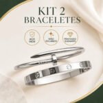 Kit 2 Pulseiras Bracelete Feminino Trevo Prego Love Aço Inox Prata 18 Cm