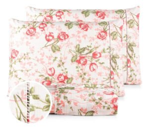 Jogo Lençol Casal 3pç 400 Fios Hipercal Conforto Macio Florido Rosa Com Verde Estampado