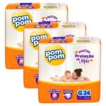 Kit C/3 Pacotes Fraldas Pompom Derma Protek Atacado Tamanho G