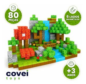 Kit 80 Blocos Magnéticos Construção Imã Montar Empilhamento Cubo Infantil Brinquedo Educativo Covei Toys