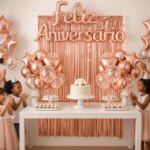 Kit Balão Feliz Aniversário Com 26 Peças Decoração Festa Cortina Letras Bexigas Rose Gold