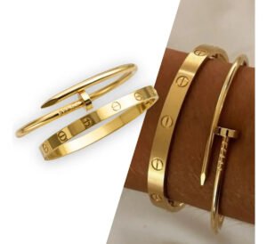 Kit 2 Pulseiras Bracelete Feminino Trevo Prego Love Aço Inox Dourado 18 Cm