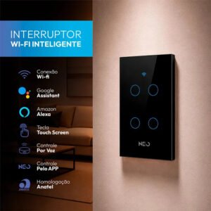 Interruptor Inteligente Smart Wi-fi 2.4 GHz Alexa google 4 Botões 4×2 Bivolt Preto Cod: 291990428 Neo Avant