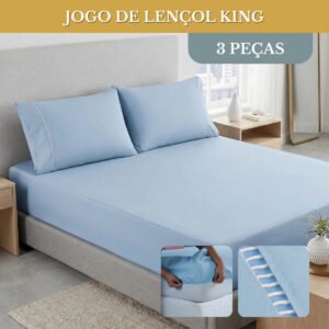 Kit Jogo De Lençol Cama King 03 Peças 400 Fios Percal C/ Elástico Luxo Ponto Palito Cor Azul Claro