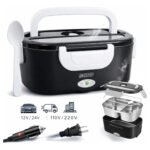 Marmita Elétrica Preta Bivolt Portátil Doméstica 110/220v Veicular 12/24v Lancheira 1.5l Com Divisórias Esquenta Rápido Refeições Práticas Trabalho Casa Carro Caminhão Viagem Faculdade Woosh