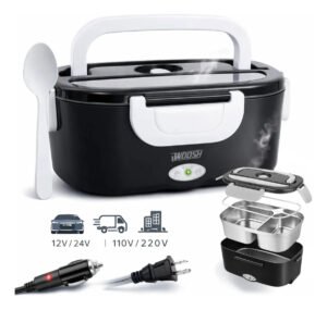 Marmita Elétrica Preta Bivolt Portátil Doméstica 110/220v Veicular 12/24v Lancheira 1.5l Com Divisórias Esquenta Rápido Refeições Práticas Trabalho Casa Carro Caminhão Viagem Faculdade Woosh