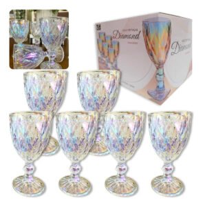 Jogo 6 Taça Vidro Decorado Textura Diamante Grossa 300 Ml Cor Raibow – Efeito Colorido