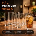 Jogo de 6 Copos Alto 320ml Miami Vidro Grosso Moderno Luxo Transparente Quadrado ViaCruz