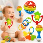 Kit Chocalho Bebe E Mordedores Para Recem Nascido 8 Peças Estímulo Sensorial Brinquedo Educativo