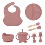 Kit Alimentação Bebê Infantil Refeição Silicone Papinha Cor Rosa Escuro