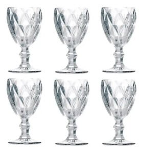 Jogo de Taças Diamond Vidro 340ml Transparente 6 Peças Bico de Jaca Lapidado Kit Conjunto Copo Diamante Cristal Água Vinho Suco Drink Sobremesa Mesa Posta Jantar Festa Apto Lava Louças Ms Variedades
