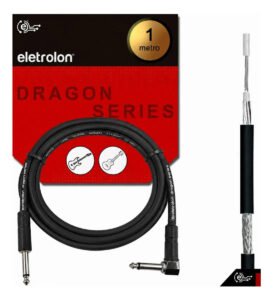 Cabo P10 Mono para P10 90° Eletrolon 1 Metro Profissional Áudio Som Guitarra Violão Baixo Teclado Amplificador Pedal Instrumento Musical Blindado Resistente Plug Reforçado Premium Eletrolon