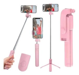 Tripé Celular Bastão Pau De Selfie Bluetooth Mesa Led 3 Em 1 Rosa