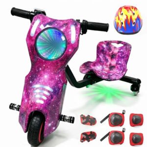 Triciclo Elétrico Drift Rmira 250W com Bluetooth e LED, Kit de Proteção – Roxo