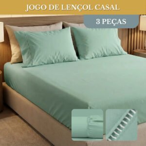 Jogo De Lençol Cama Casal 03 Peças 400 Fios Ponto Palito Cor Verde Desenho Do Tecido Lisa
