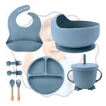 Kit Introdução Alimentar Marca Papinha Silicone 8 Peças Azul-aço Bebê