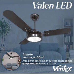 Ventilador de Teto Ventex Valen LED 3 Pás MDF Preto 1.1m Diâmetro Silencioso