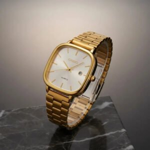 Relógio De Pulso Casio A138 Com Corria De Aço Inoxidável Cor Dourado/branco – Fondo Branco – Bisel Dourado