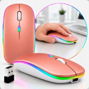 Mouse Sem Fio Recarregável Wireless Optico Led Rgb Ergonômico Sem Fio Para Pc Desktop Notebook Tablet Smartphone Rosa Gold