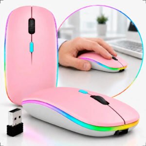 Mouse Sem Fio Recarregável Wireless Optico Led Rgb Ergonômico Sem Fio Para Pc Desktop Notebook Tablet Smartphone Rosa