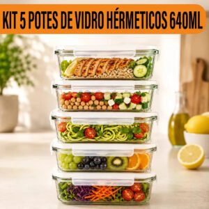 Yab – Kit 5 Potes De Vidro Marmita C/ Tampa Hermético 640ml Retangular 4 Travas Borossilicato Alimentos Micro-ondas Freezer Geladeira
