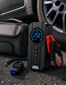 Auxiliar De Partida Para Carro Compressor De Ar Portátil 12V 4 funções em 1 Inflador Digital Calibrador De Pneu Power Bank Lanterna LED Emergência Automotiva Moto SUV Bicicleta Caminhonete MidiaFone