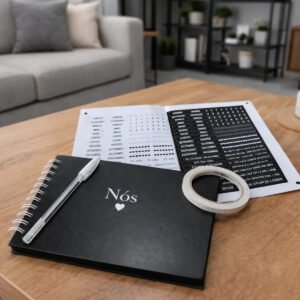 Kit Álbum Scrapbook Capa Dura Preta Caneta Gel 2 Adesivos Cor Preto Nos