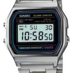 Relógio Casio Vintage A-158 Digital de Aço Inoxidável Prateado com Fundo Preto