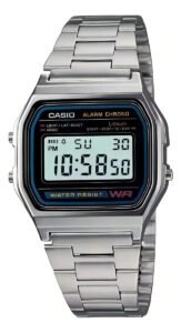 Relógio Casio Vintage A-158 Digital de Aço Inoxidável Prateado com Fundo Preto