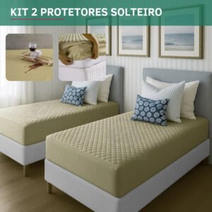 Kit 2 Protetores De Colchão Solteiro Impermeável Matelado Antiácaro Antialérgicos Toque Aconchegante Lavável Cor Caqui Premium