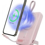 Power Bank Magnético Basike 10.000mAh para iPhone e Samsung com Cabos Embutidos – Rosa