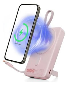 Power Bank Magnético Basike 10.000mAh para iPhone e Samsung com Cabos Embutidos – Rosa
