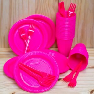 Kit Descartáveis Festas Eventos Aniversarios 50 Pessoas Prato Garfo Copo Cor Pink