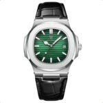 Relógio Classic Vintage Suíço Masculino Em Couro Esportivo Correia Preto Bisel Prateado Fundo Verde