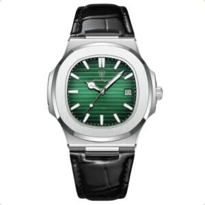 Relógio Classic Vintage Suíço Masculino Em Couro Esportivo Correia Preto Bisel Prateado Fundo Verde