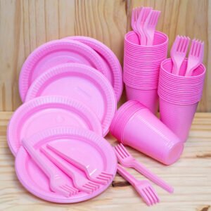 Kit Descartáveis Festas Eventos Aniversarios 50 Pessoas Prato Garfo Copo Cor Rosa Claro