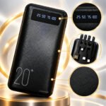 Power Bank 20000mAh Turbo Carga Rápida 4 Cabos Integrados Display Digital Lanterna LED Alça Carregador Portátil Proteção Sobrecarga Cashpay Para Celular Viagem Preto