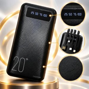 Power Bank 20000mAh Turbo Carga Rápida 4 Cabos Integrados Display Digital Lanterna LED Alça Carregador Portátil Proteção Sobrecarga Cashpay Para Celular Viagem Preto