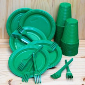 Kit Descartáveis Festas Eventos Aniversarios 50 Pessoas Prato Garfo Copo Cor Verde