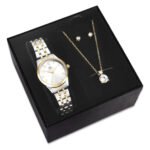 Kit Relógio Colar e Brincos Ponto De Luz Dourado e Prateado Feminino Luxo Saint Germain 28mm