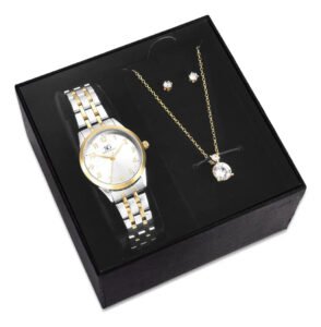 Kit Relógio Colar e Brincos Ponto De Luz Dourado e Prateado Feminino Luxo Saint Germain 28mm