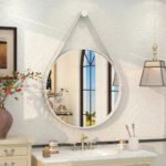 Espelho Redondo 60cm Adnet Alça de Couro Branco Dupla Costura e Suporte em Alumínio Quarto, Banheiro, Sala MF901