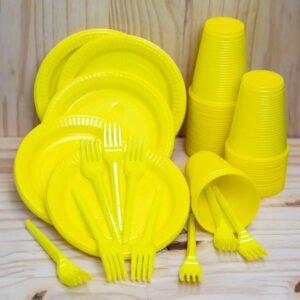Kit Descartáveis Festas Eventos Aniversarios 50 Pessoas Prato Garfo Copo Cor Amarelo