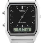 Relógio de pulso Casio AQ-230 com corria de aço inoxidável cor prateado – fondo preto/cinza