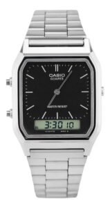 Relógio de pulso Casio AQ-230 com corria de aço inoxidável cor prateado – fondo preto/cinza