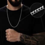 Corrente Cordão Masculino Grumet Aço Inox + Pulseira Conjunto Kit Colar 70cm Correntinha Masculina Para Presente Cor Prateado Prata Gourmet Inoxidável Fina Minimalista Legítima Escama De Peixe 1×1